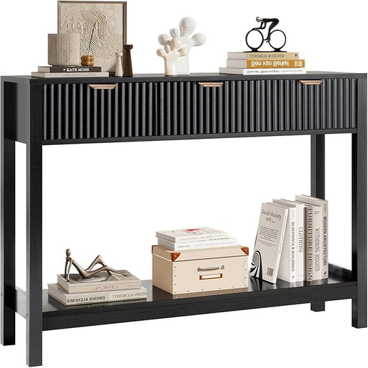 Fluted Console Table, Wooden Sofa Table with Storage and Drawers, Farmhouse Behind Couch Table Entryway Table for Entrance, Hallway, Living Room, Black