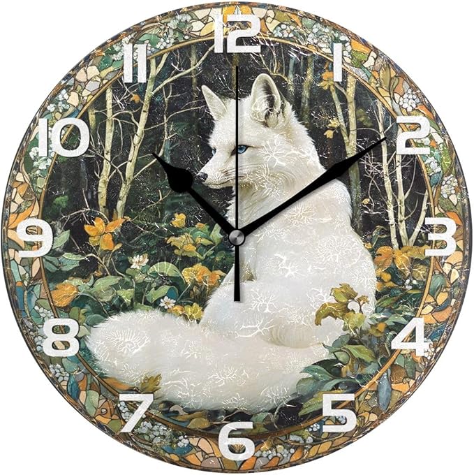 Bolaz Wall Clocks Decorative Bedroom Silent Living Room Desktop Arctic Fox Tabletop Shelf Clocks Round Battery Operated 10 Inch Non-Ticking