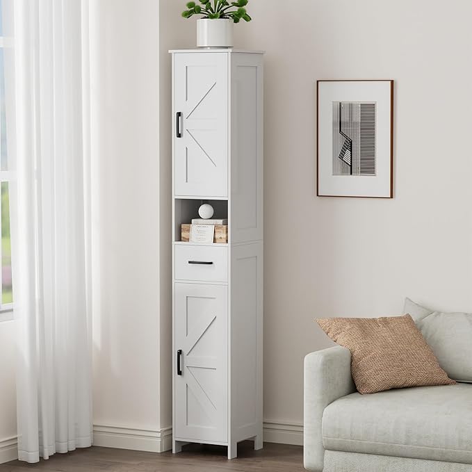 Homhedy 67" H Tall Bathroom Storage Cabinet with 2 Barn Doors and 1 Drawer, Narrow Storage Unit, Adjustable Shelves, Floor Cabinet for Bathroom, Living Room, Entryway, Kitchen, White, (11.8" W)