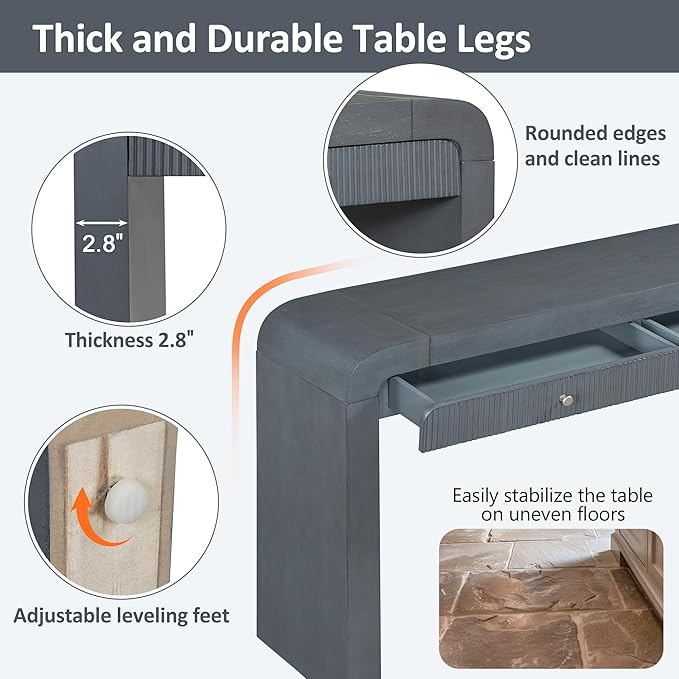 Merax Rustic Console Table with Fluted Drawer Front, Entryway Table with Curved Corners & Thick Legs, Sturdy Sofa Table for Hallway & Living Room, Dark Navy