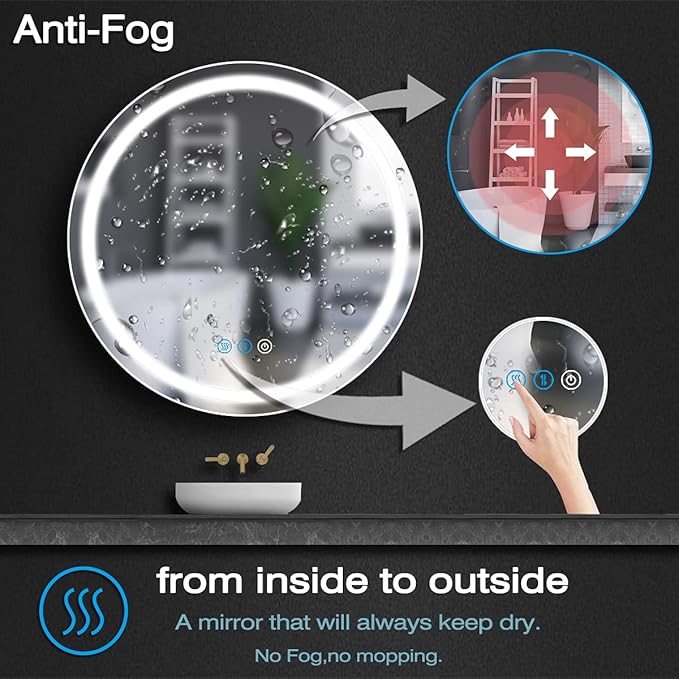 32 Inch Bathroom Round LED Mirror with Lights for Bathroom Wall Mounted Round Lighted Vanity Mirror with 3 Colors Lights Wall Mirror Dimmable Anti-fog Memory Bathroom Smart Circle LED Mirrors