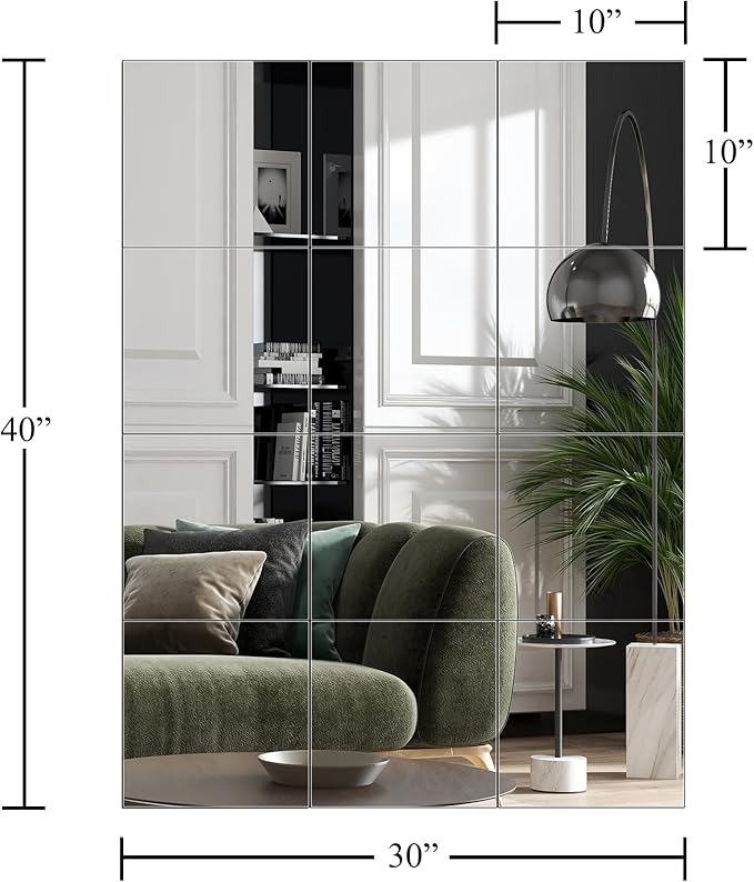 Ruomeng Home Gym Mirror Tiles - 10" x 10" x 12Pcs Full Length Mirror Tiles Glass Frameless Wall Mirror for Home Gym, Bedroom, Door & Bathroom