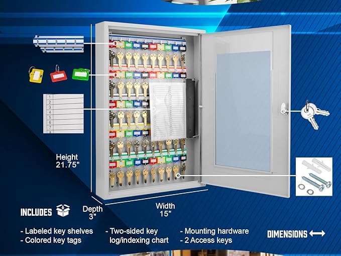 Barska Key Lock Box with Glass Door – Wall Mount Steel Key Cabinet Organizer with Labeled Hooks and Colored Key Tags for Home, Office, Property Management