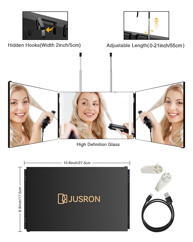 JUSRON 360 Viewing Angle Self Hair Cutting Mirror, Clear Anti-Fog HD Glass, USB Rechargeable, Easy to Use, Height Adjustable, Portable, Good Choice for Gifts