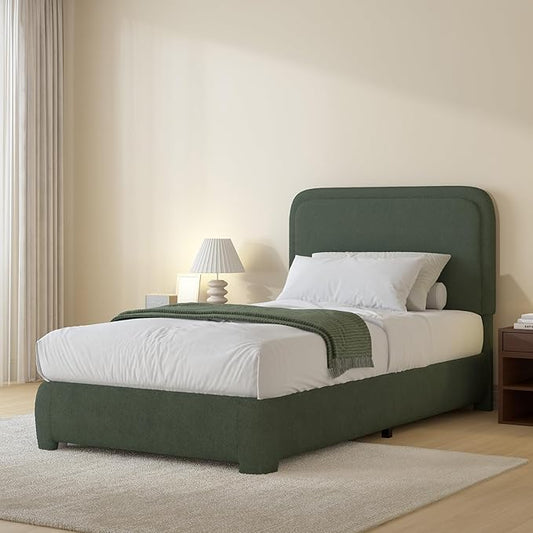 BarnFurin Twin Size Bed Frame, Boucle Upholstered Platform Bed Frame with Headboard, Modern Style, Soft Rounded Corners, No Box Spring Required, Easy Assembly, Green