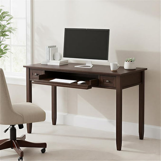 SIMPLIHOME Warm Shaker Desk - 48 Inch Wide Solid Wood Writing Desk in Mocha Brown, Transitional Home Office Computer Table for Workspace or Study with Flip-Down Keyboard Tray and 2 Drawers