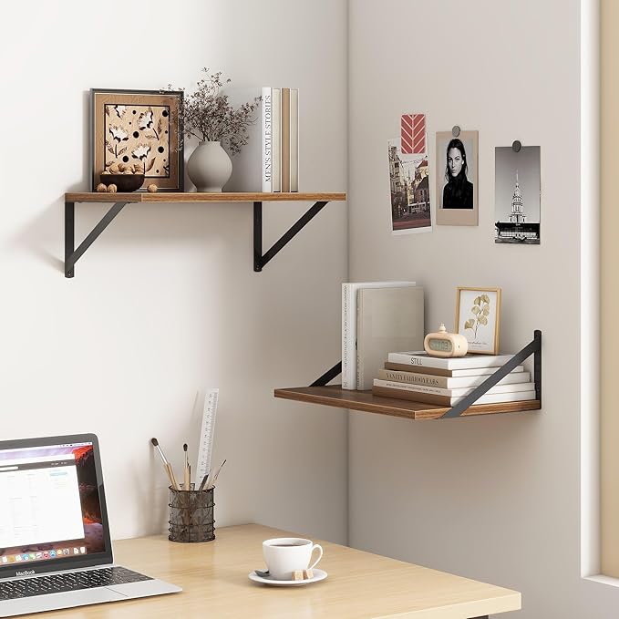 Fun Memories 18" W x12 D Floating Shelves, Farmhouse Wall Shelves Home Decor Shelf, Deep Bathroom Shelf with Bracket, 12 Inch Deep Wall Shelves for Living Room, Kitchen, Bedroom, Walnut, Set of 2