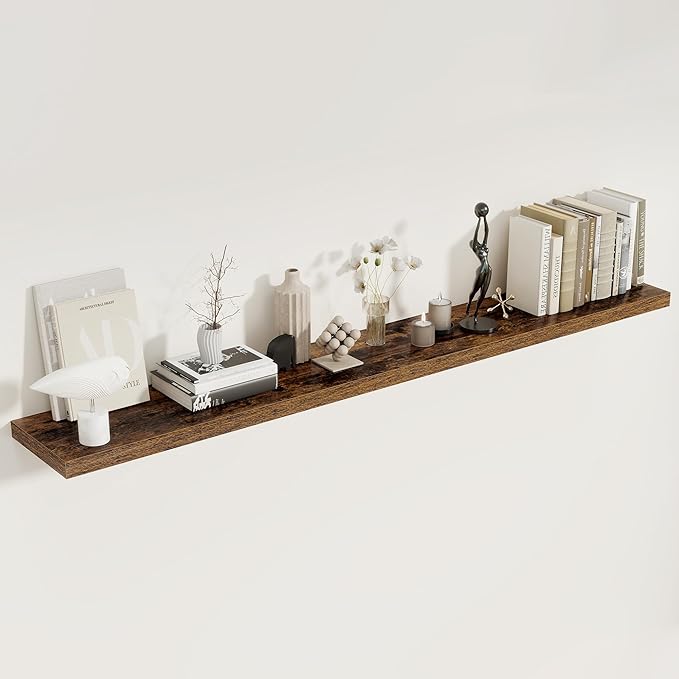 Fun Memories 72 Inch Floating Shelves, 8 Inch Deep Floating Shelf, Large Shelves with Invisible Bracket for Books|Storage, Rustic Wood Wall Shelf for Bedroom, Kitchen, Living Room, Rustic Brown