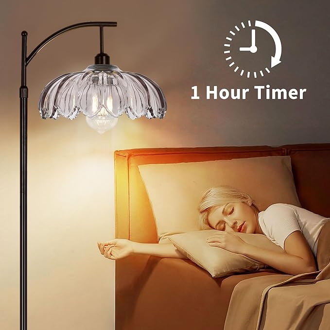 Arc Floor Lamps for Living Room with Remote,Black Dimmable Floor Lamp with Gray Glass Shade,Unique Vintage Flower Standing Tall Lamp,Modern Mid Century Floor Lamps for Bedroom Office Corner