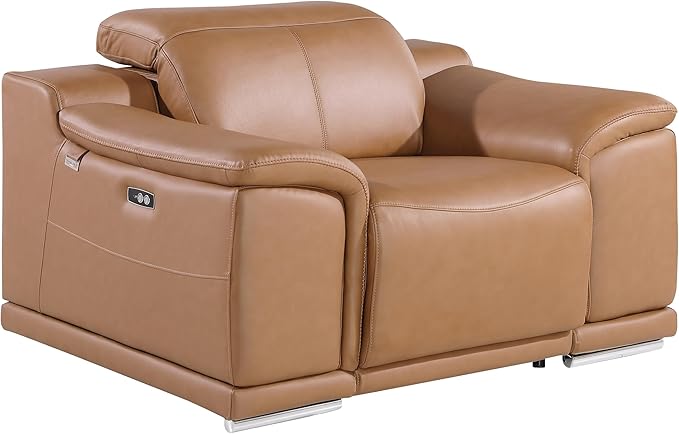 Blackjack Furniture Venice Top Grain Italian Leather Power Recliner Chair with Adjustable Headrest Modern Luxury Seating for Living Room Lounge, Cognac