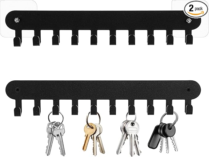 2 Pack Key Holder Wall Mount Adhesive, 10 Hooks for Keys on Wall, No Drill Keys Rack, Black Iron Key Hangers for Living Room, Kitchen, Bathroom, Garage (11.6 x 1.96 Inches)