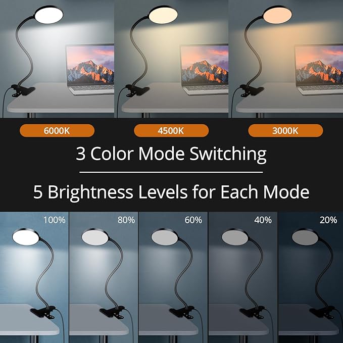 Reading Light with Remote, LED Desk Lamp Clip on [1H Timer & Nightlight] RA>95 Dimmable Flexible Gooseneck, Reading Lamp with Clamp for Table - 4.7'' (Adapter Included)