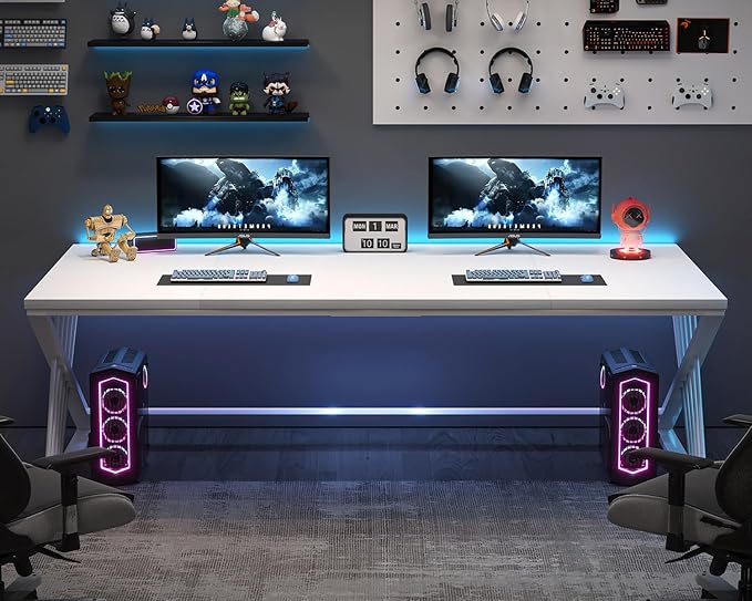 FOLUBAN 70.9" Modern Computer Desk with Z-Shaped Legs, Industrial Executive Home Office Desk for 2 Person, Large Writing Study Table for Bedroom, Gaming Workstation, White