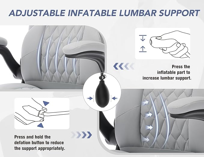 Office Chair with Adjustable Lumbar Support,Leather Ergonomic Computer Desk Chair with Flip-up Arms,Adjustable Tilt Lock,Swivel Rolling Executive PC Chair for Work, Study,Meeting,Small Space.Grey