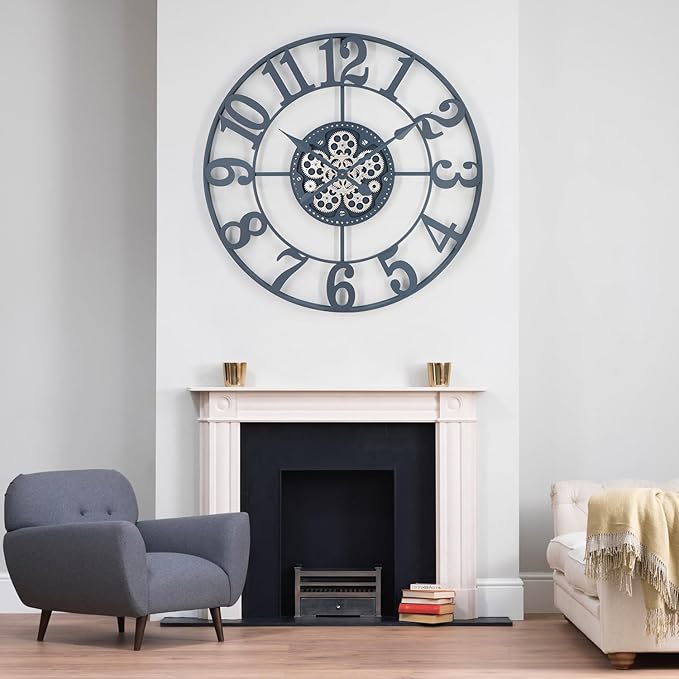 29 Inch Large Wall Clocks for Living Room Decor with Moving Gears,Large Wall Clock Industrial Steampunk,Oversized Metal Analog Wall Clocks for Farmhouse Home Battery Operated