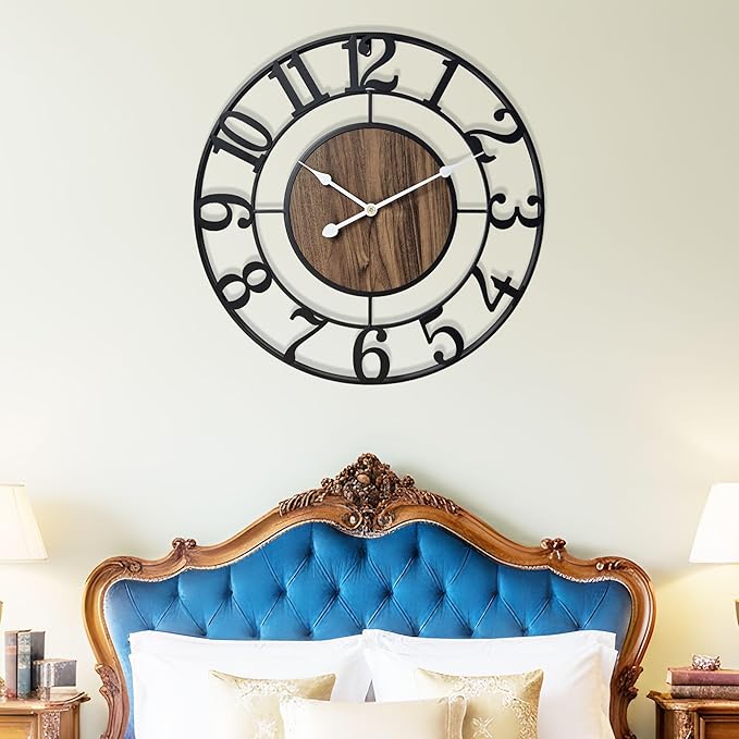 Large Metal Wall Clock, 30 Inch Retro Decorative Silent, Non Ticking, Battery Operated Modern Big Wood Wall Clock for Living Room, Farmhouse, Bedroom, Fireplace, Kitchen, Office, Home Decor