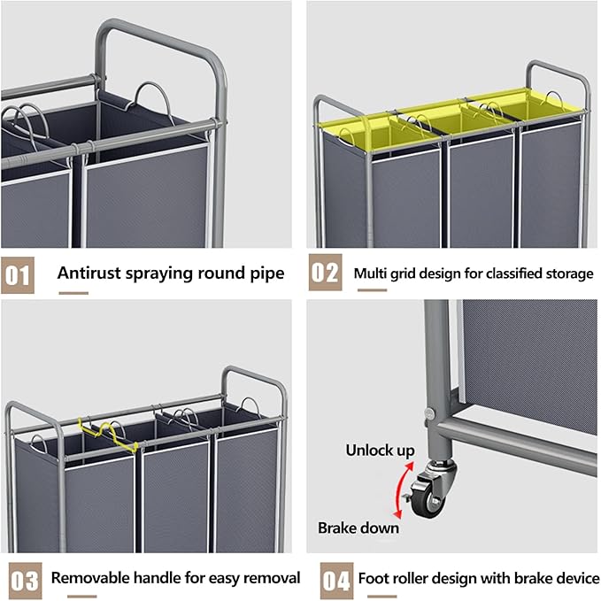 LINZINAR 3-Bag Laundry Sorter,Laundry Hamper Cart with Heavy Duty Rolling Lockable Wheels and Removable Bags (Grey)