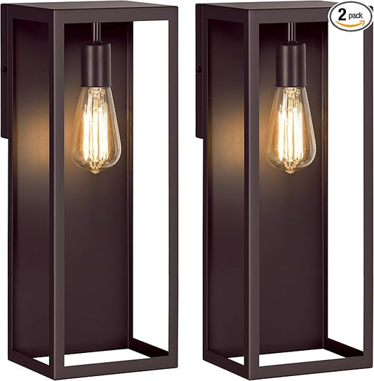 2-Pack Outdoor Wall Lanterns, 16” Exterior Waterproof Outdoor Lights with Glass Shades, Brown Porch Lights Wall Mounted, Anti-Rust E26 Modern Lighting Fixtures for Patio Garage Entryway Front Door