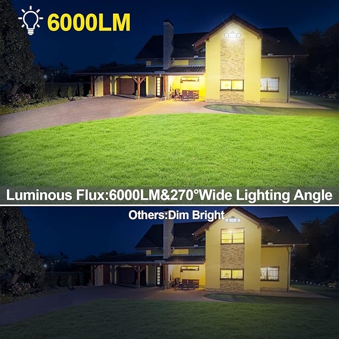 Outdoor Security Light, 5000LM Super Bright Flood Lights, 270° Wide Angle Exterior Lights with 3 Adjustable Heads, IP65 Waterproof, 5000K Wall Mount Aluminum Light for Porch, Garage, Backyard