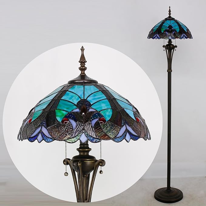 Tiffany Floor Lamp Green Liaison Stained Glass Standing Reading Light 16X16X70 Inches Antique Pole Corner Lamp Decor Bedroom Office Living Room