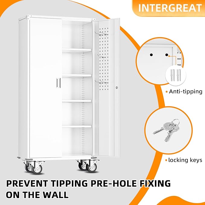 INTERGREAT Rolling Metal Cabinet with Wheels,72" Locking Storage Cabinet with Adjustable Shelves,Large Capacity Pulley Cabinets for Home Office,School,Garage(White)