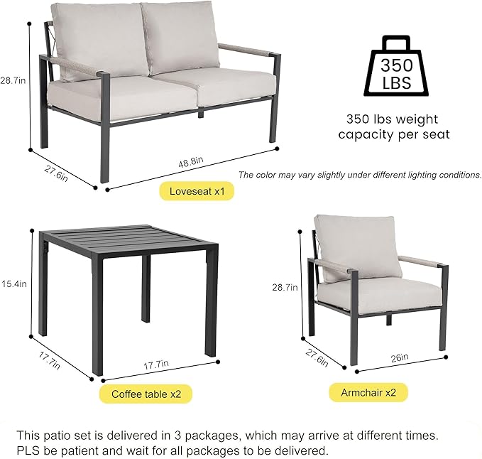 Metal Patio Furniture Set with 51inch Champagne Fire Pit Table, 6-Piece Modern Outdoor Conversation Set with 6-Inch Thick Cushions, Outdoor Furniture Set for Garden, Backyard, Balcony (Warm Grey)