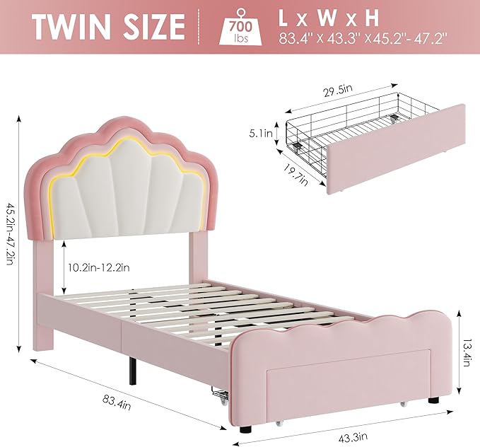 HOSTACK Twin Upholstered LED Bed Frame with Storage Drawer, Cute Girls Bed with Adjustable Lotus Headboard, Velvet Princess Platform Bed Frame, Wooden Slats Support, No Box Spring Needed, Pink/Beige