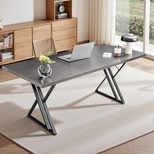 70.9Inch Office Desk, Executive Office Desk，Modern Industrial Style, Z-Shaped Table Legs, Country Black Wood Grain Top, for Home Office, Study, Conference (Ash Black)