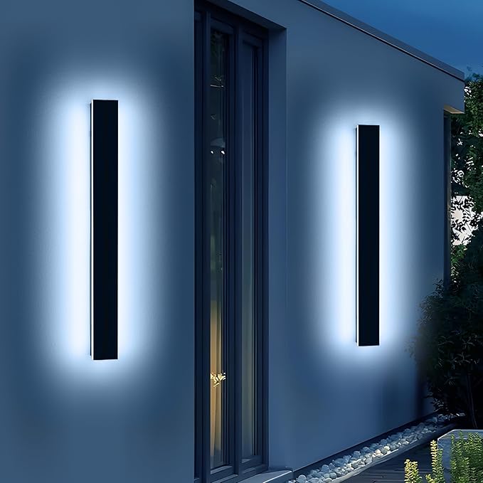 2 Pack 47.2inch Long Linear Outdoor Wall Light, 6000K Cold White Modern Wall Mounted Sconce, IP65 Waterproof, 42W, Black Exterior Lighting Fixture for Garage, Patio, Porch, Garden