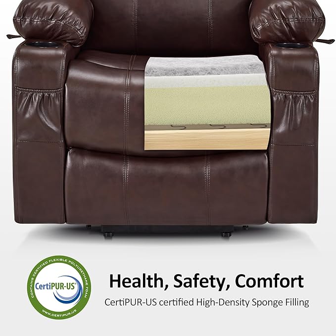 MCombo Large Power Lift Recliner Chair with Massage and Heat for Tall Elderly People, 3 Positions, Cup Holders, and USB Ports, Faux Leather 7516 (Large, Dark Brown)