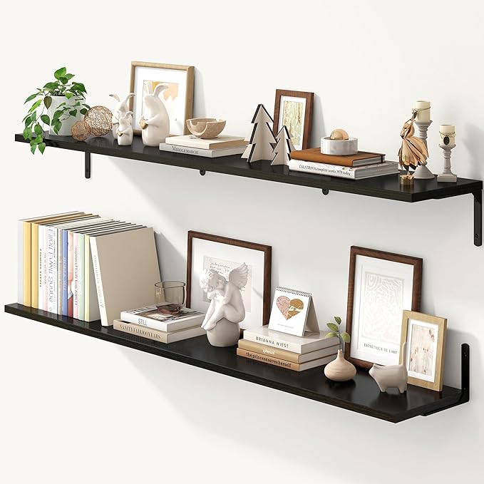 Fun Memories Deep Floating Shelves, 55W x 8D Floating Shelves Set of 2, Wall Mounted Shelf with Metal Brackets, Rustic Wood Wall Shelf for Bathroom, Kitchen and Living Room, Black