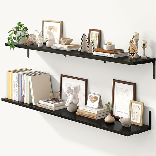 Fun Memories Deep Floating Shelves, 55W x 8D Floating Shelves Set of 2, Wall Mounted Shelf with Metal Brackets, Rustic Wood Wall Shelf for Bathroom, Kitchen and Living Room, Black