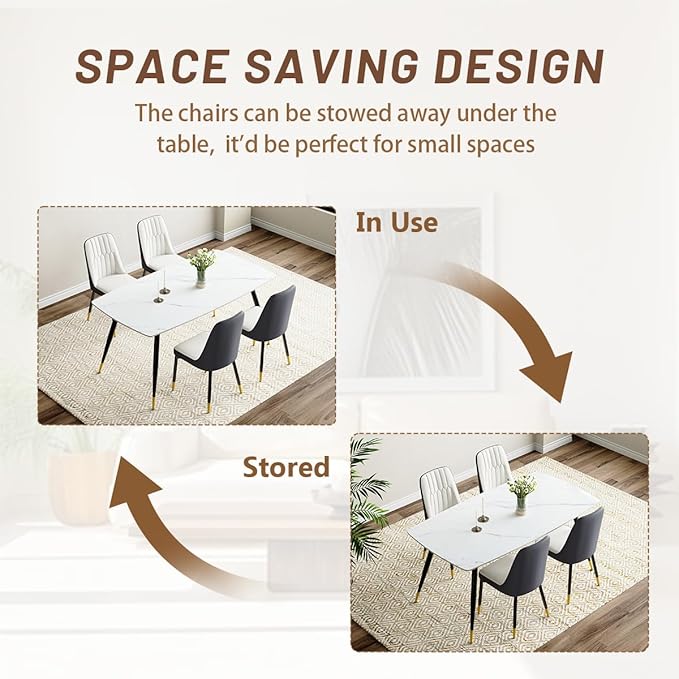 White Dining Table Set for 4, 62'' Dining Table Set for 4, Sintered Stone Dining Room Sets for 4, Easy to Assemble