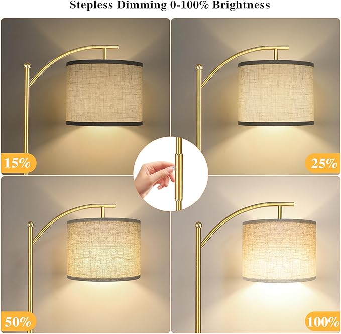 Dimmable Floor Lamp, Arc Floor Lamps for Living Room, Stepless Dimming Modern Standing Lamp with Linen Shade, Tall Lamp for Bedroom Office Dining Room- Brushed Gold