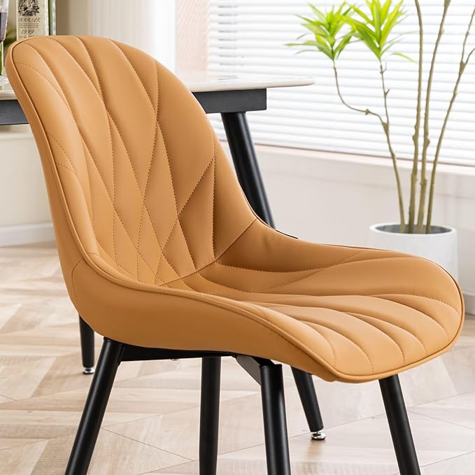 Rowill Modern Dining Chairs Set of 2 - Upholstered Faux Leather Kitchen Chairs with Soft Cushion Backrest, Sturdy Metal Legs & Non-Slip Pads, Perfect for Home Dining Room, Kitchen, Brown Yellow