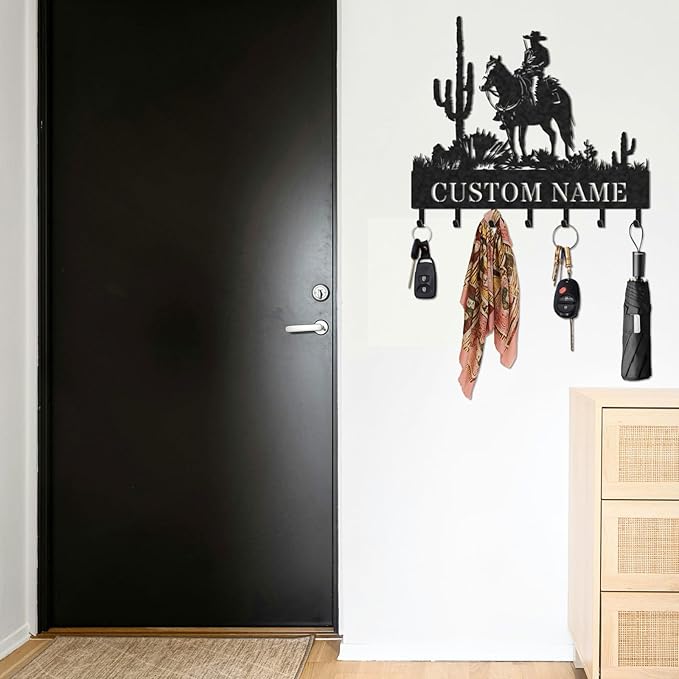 Personalized Key Holder for Wall, Custom Metal Cowboy Key Hooks with Name, Meta Jacket Holder Hooks Organizer Rack, Jacket Hanger Decor for Kitchen, Entryway, Hallway, Office, Doorway