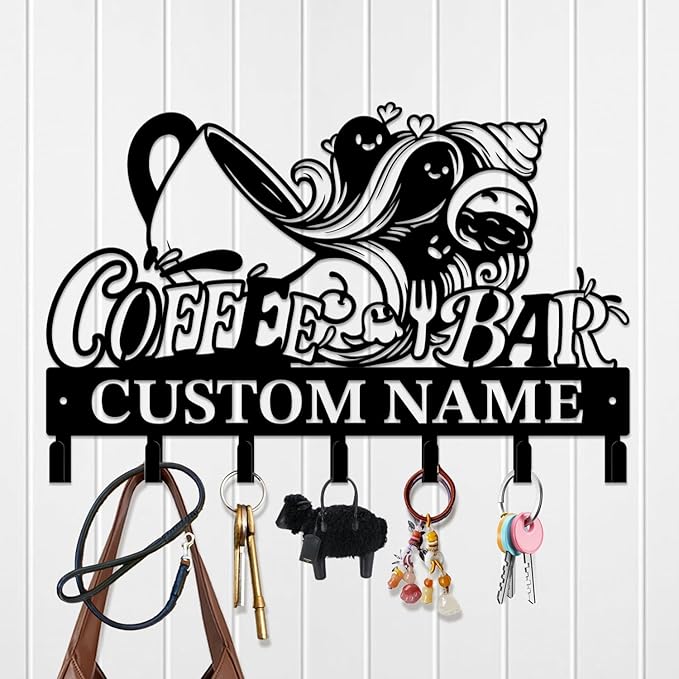 Coffee Bar Keys Holder - Metal Iron Wall Hooks with Custom Name | Personalized Home Decor & Gift Idea | Coffee-Themed Text Engraving Design (Style D)