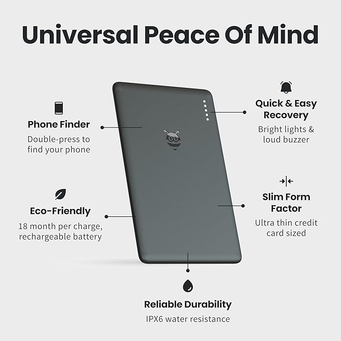 Pebblebee Tracker Card Universal - Rechargeable Slim Item Tracker | Alternative to Air Tag & Android Trackers | 18-Month Battery Life | Works with Both Android & iOS Find My Apps | LED & Sound Alerts