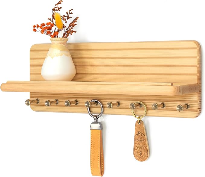 Farmhouse Key Holder Wall Mount for Office Decor – Rustic Key Hanger with 8 Sturdy Hooks & Floating Shelf for Small Plant or Mail Storage – Wall Organizer for Entryway, Living Room (Natural Wood)