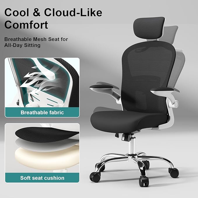 Ergonomic Computer Office Chair - Adjustable Lumbar Support, Headrest, High Back Mesh Desk Chair for Office and Home, 90-120° Reclining Task Chair with Flip-Up Arms (Black)