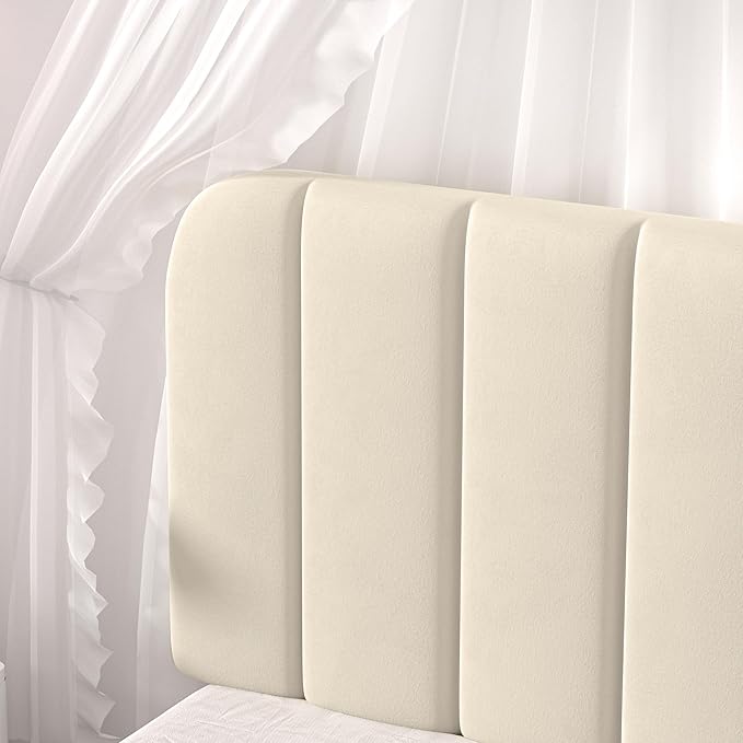 VECELO Twin Size Bed Frame with Upholstered Headboard, Velvet Platform Bedframe Mattress Foundation, Strong Wood Slat Support, No Box Spring Needed,Velvet Beige