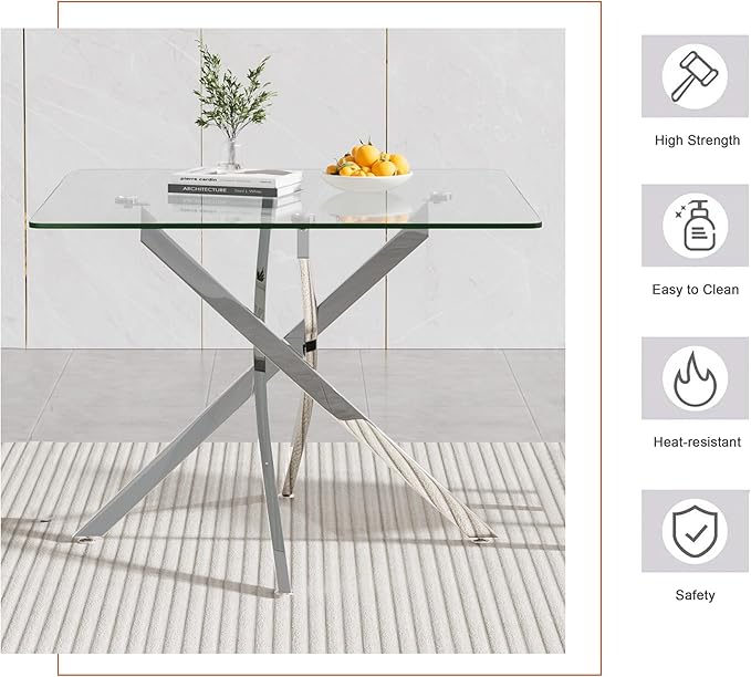 Goujxcy Glass Dining Table Set for 4, Modern Kitchen Table and Chairs Set of 4, 5-Piece Kitchen Dining Room Table Set w/36 Square Silver Glass Dining Table and 4 Blue Velvet Upholstered Chairs