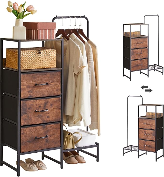 44 '' Tall Garment Rack with 3 Fabric Drawers, 4-Tier Clothing Rack, Coat Hanger with Shoe Shelf & Shelves for Small Spaces, Rustic Brown YD-TM081H
