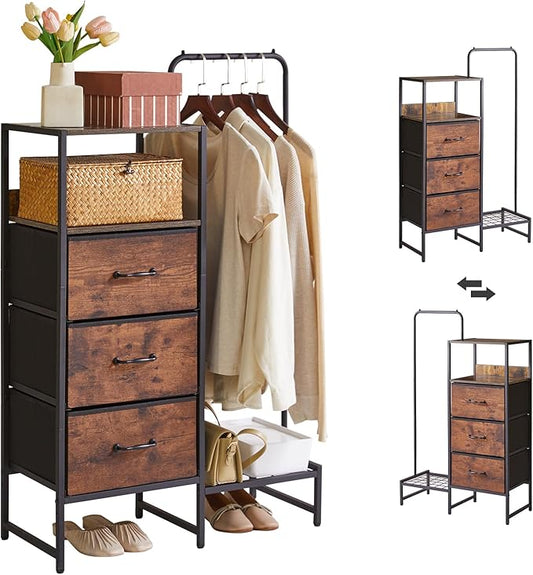 44 '' Tall Garment Rack with 3 Fabric Drawers, 4-Tier Clothing Rack, Coat Hanger with Shoe Shelf & Shelves for Small Spaces, Rustic Brown YD-TM081H