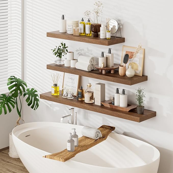 Heimlove 48W x 12D Long Floating Shelf, 12 Inch Deep Floating Shelves for Wall Set of 2, Wood Shelves for Bedroom Living Room Bathroom Kitchen Home Office, Walnut