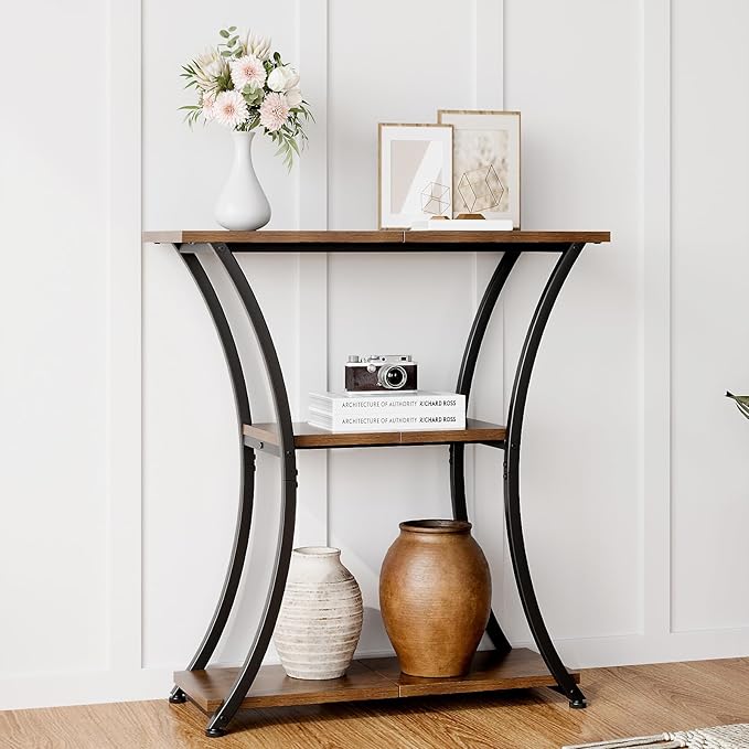 Rustic 3-Tier Console Table with Open Shelves Narrow Entryway Table with Curved Metal Frame Slim Sofa Table for Hallway Living Room or Foyer (Rustic Brown)