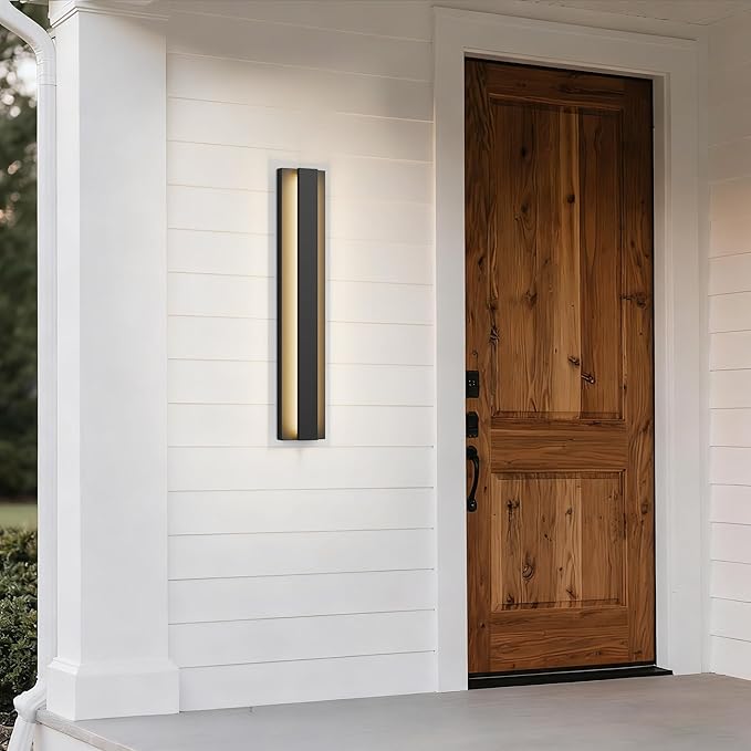 LamQee 23.6 Inch Modern Outdoor Wall Light Exterior Lighting Fixtures, 3000K 24W LED Contemporary Outdoor Sconces Wall Lighting, Matte Black Outside Wall Mount Lights for House Garage Porch Patio Door