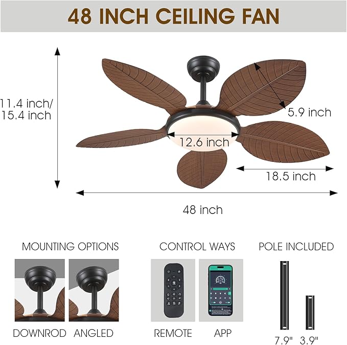 Ceiling Fans with Lights and Remote/APP Control, 48 Inch Tropical Ceiling Fan for Bedroom Living Room, Outdoor Palm Leaf Ceiling Fan for Patios Porch, Dimmable, 6 Speeds, Reversible, Brown
