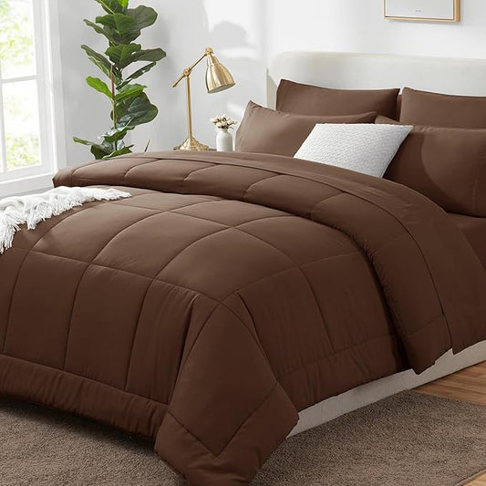 CozyLux Full Size Comforter Sets Brown, 7 Pieces Bed in a Bag, Brown Comforter Full Size, All Season Bedding Sets with Stitch Quilted Comforter, Flat Sheet, Fitted Sheet, Pillowcases