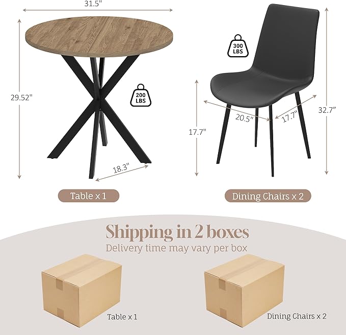 31.5" Round Dining Table and Chairs Set for 2, Small Dining Table Chairs Set Space-Saving, Round Table Set with Upholstered Chairs for Kitchen Dining Room Apartment(Natural + Black)